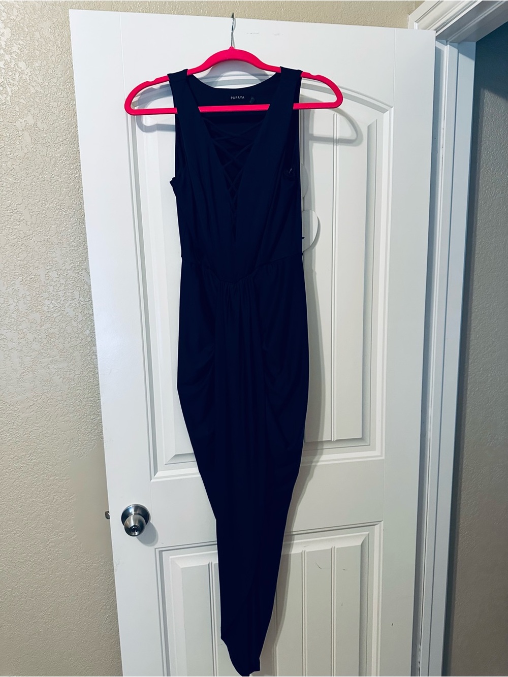 Papaya Dark Blue Sleeveless Midi Dress with V-Neck